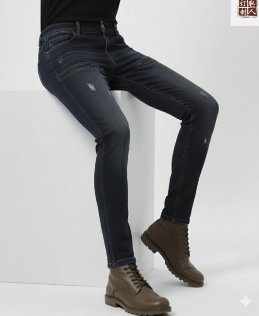 Person wearing dark jeans and brown boots on a white background