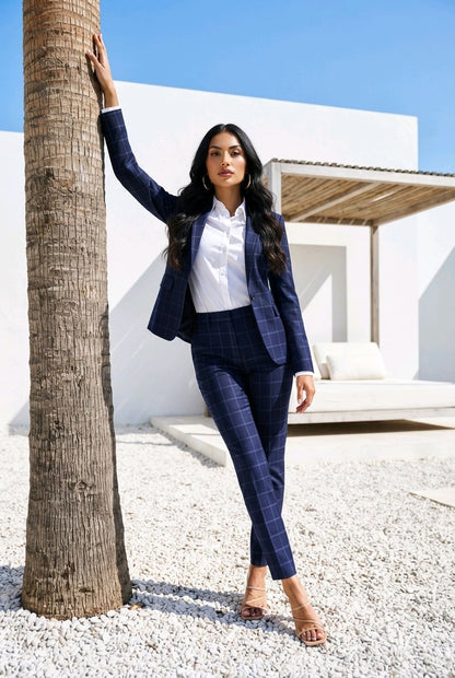 Women's Dark Navy/ Purple Check Single Breasted / Two Piece Suit Italian Pure Wool Super 110'S