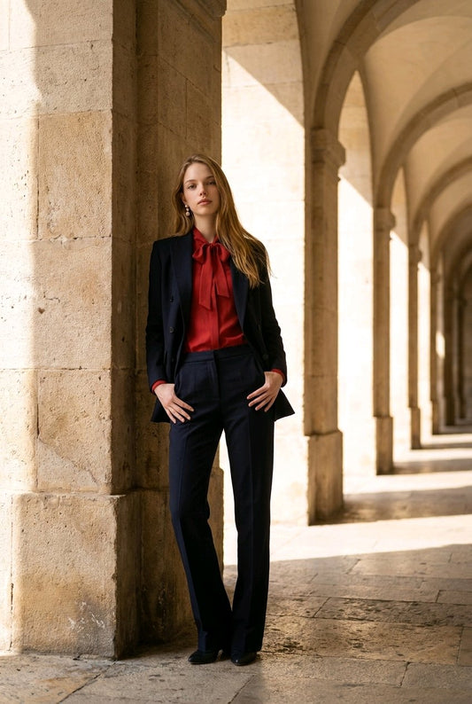 Women's English Double Breasted Pure Wool Dark Blue Super 120's Two Piece Suit