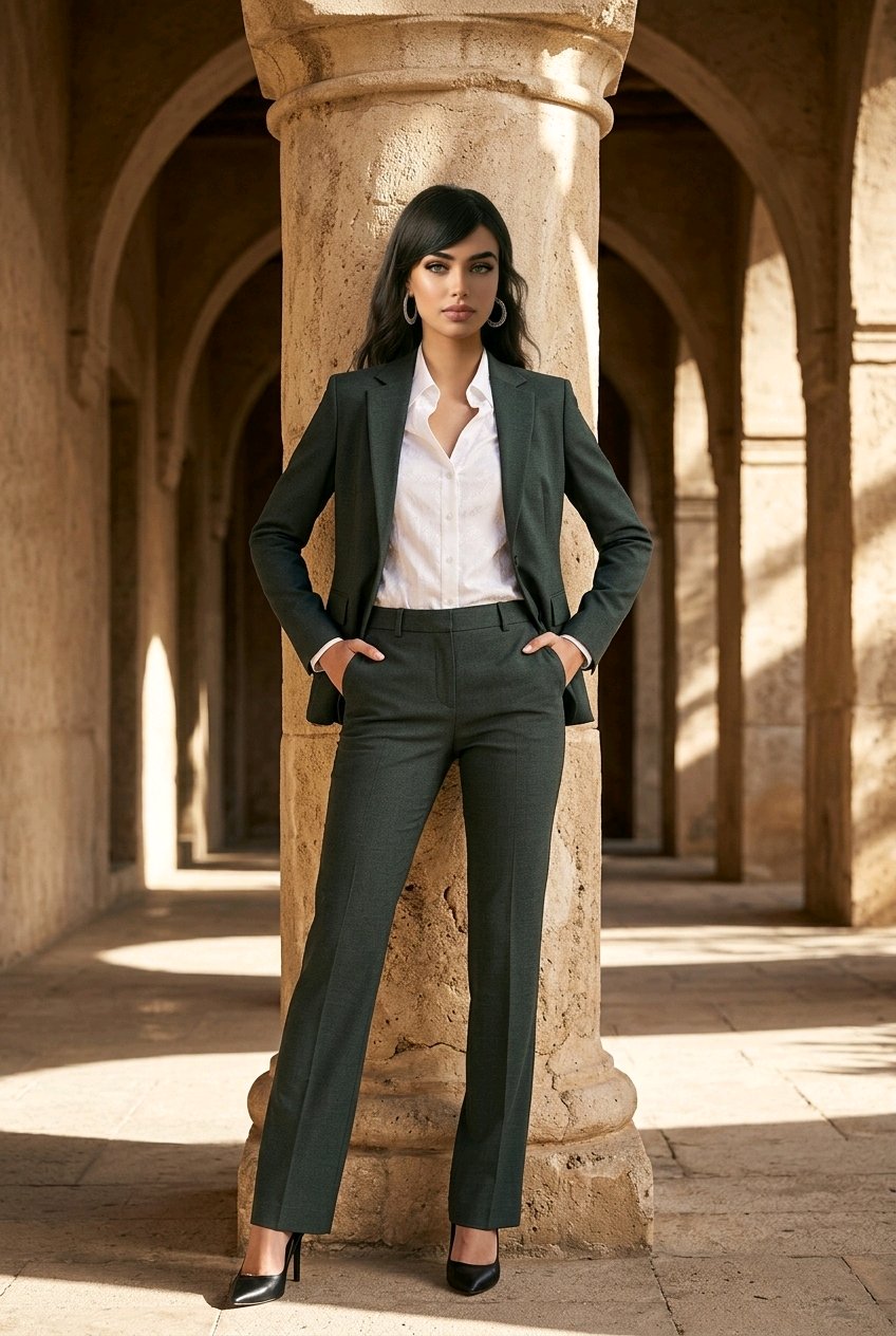 Women's Forest Green Single Breasted / Two Piece Suit Italian Pure Wool Super 110'S