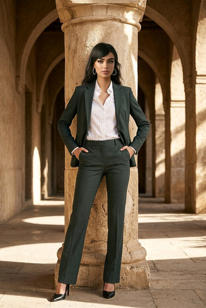 Women's Forest Green Single Breasted / Two Piece Suit Italian Pure Wool Super 110'S