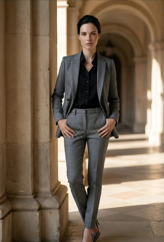Women's Grey/ Black Houndstooth Double Breasted / Two Piece Suit Italian Pure Wool Super 110'S