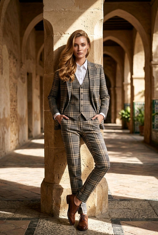 Women's Grey/ Yellow Plaid Tweed Three Piece Suit