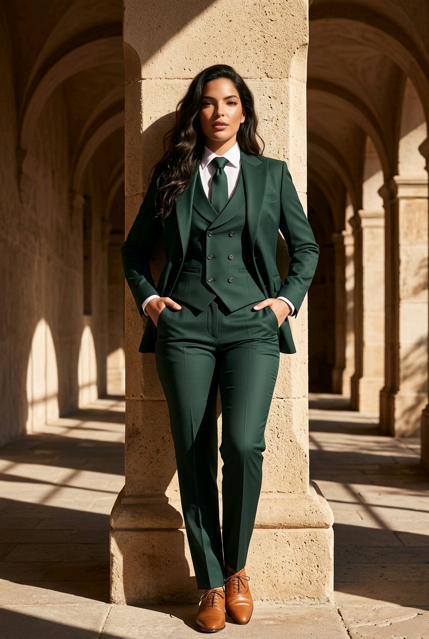 Women's Italian Pure Wool Green Three Piece Suit