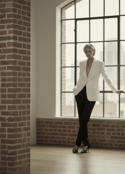 Woman in a white blazer and black pants standing by a large window with brick walls.