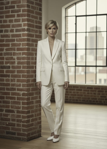 Woman in a white suit standing in a room with brick walls and large windows.
