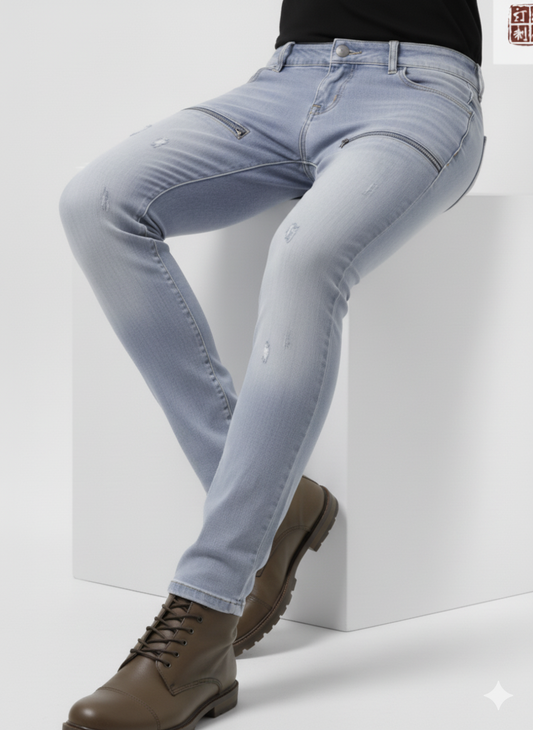 Light blue jeans worn by a person sitting on a white block.