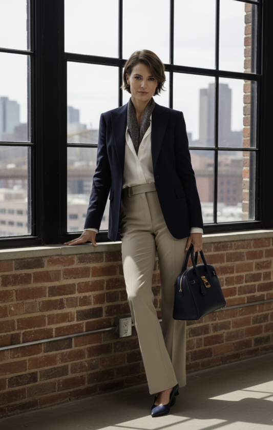 Woman in professional attire leaning against a brick wall with large windows in the background