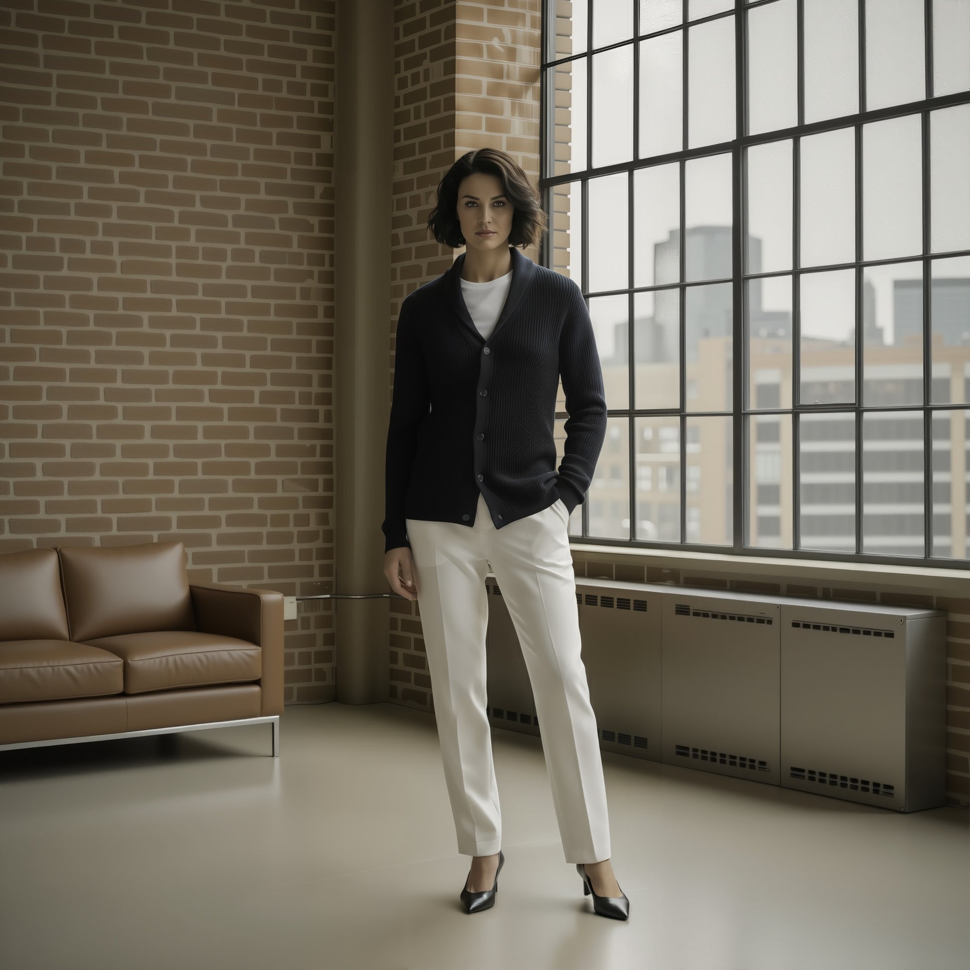Woman standing in a modern room with large windows and a brick wall.