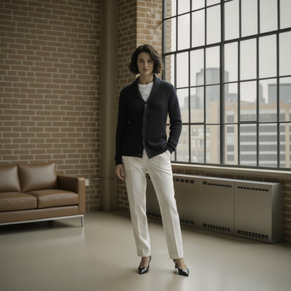 Woman standing in a modern room with large windows and a brick wall.