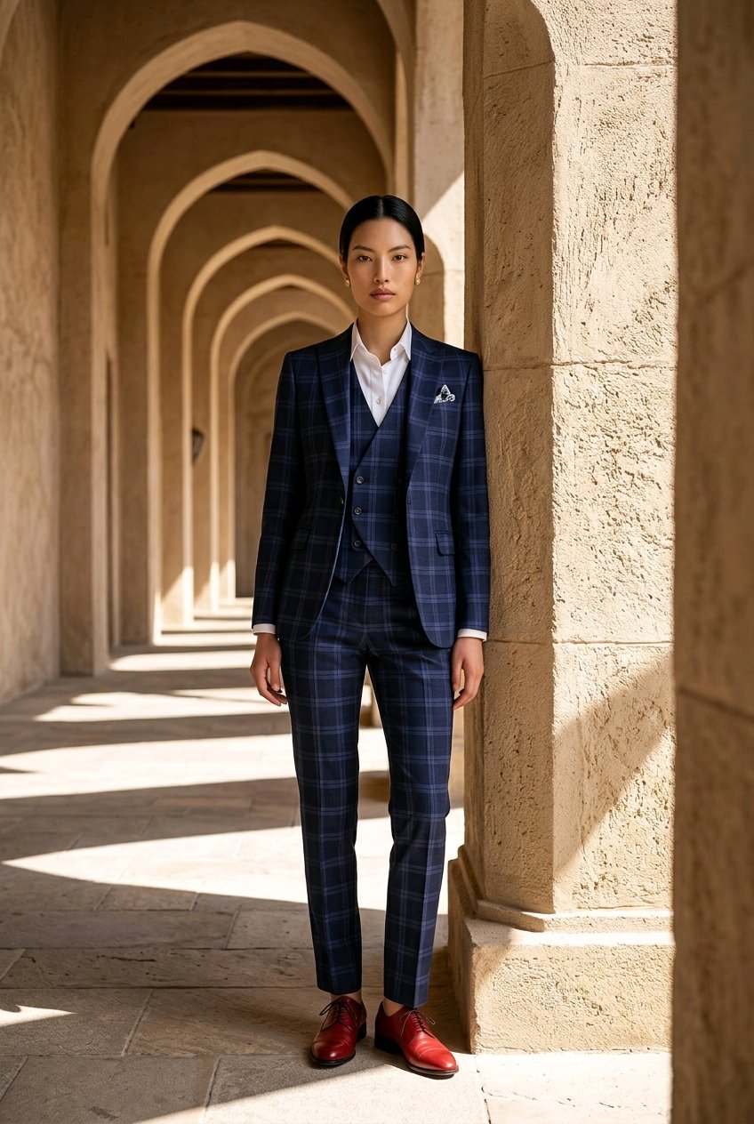 Women's Navy/Red Plaid Tweed Three Piece Suit