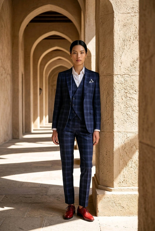 Women's Navy/Red Plaid Tweed Three Piece Suit