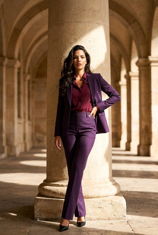 Women's Purplish Red Check Single Breasted / Two Piece Suit Italian Pure Wool Super 110'S