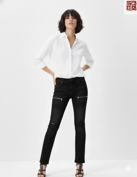 Women's Special Edition Japanese Selvedge Fitted Denim Biker Destroyed Jeans Black