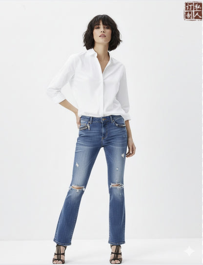 Women's Special Edition Japanese Selvedge Fitted Denim Biker Destroyed Jeans Medium Blue