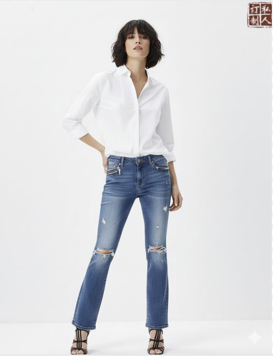 Women's Special Edition Japanese Selvedge Fitted Denim Biker Destroyed Jeans Medium Blue