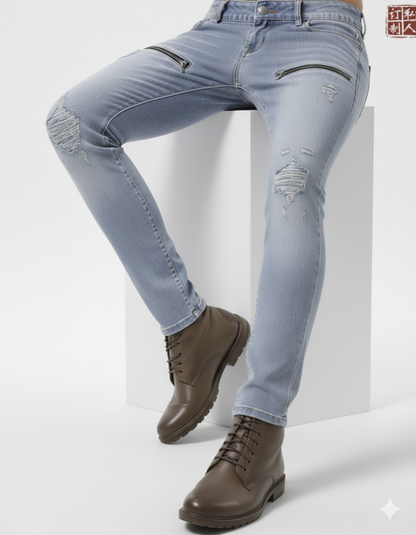 Women's Special Edition Japanese Selvedge Fitted Denim Biker Destroyed Jeans Pale Blue