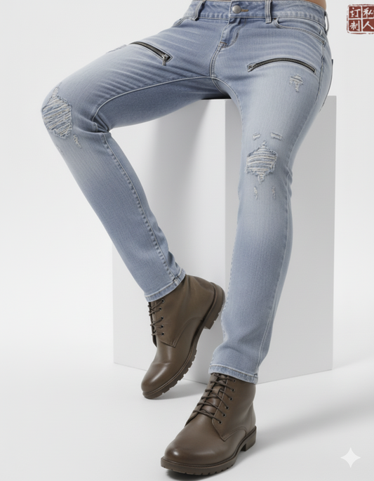 Women's Special Edition Japanese Selvedge Fitted Denim Biker Destroyed Jeans Pale Blue