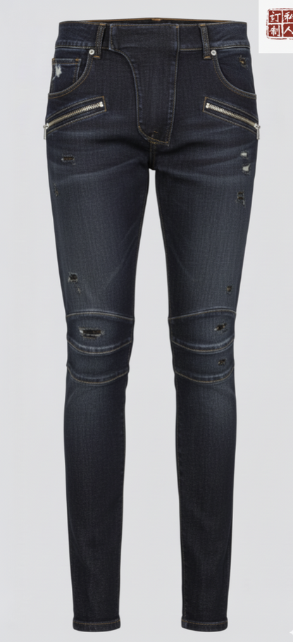 Women's Special Edition Japanese Selvedge Fitted Denim Biker Destruction Jeans Dark Navy