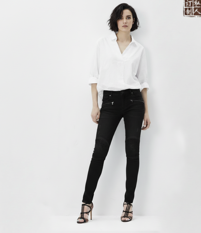 Women's Special Edition Japanese Selvedge Fitted Denim Biker Destruction Jeans Black