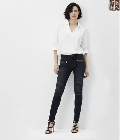 Women's Special Edition Japanese Selvedge Fitted Denim Biker Destruction Jeans Dark Navy