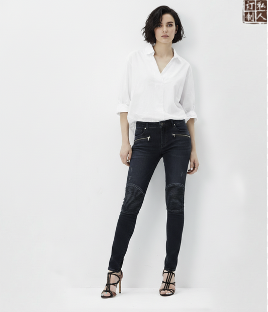 Women's Special Edition Japanese Selvedge Fitted Denim Biker Destruction Jeans Dark Navy