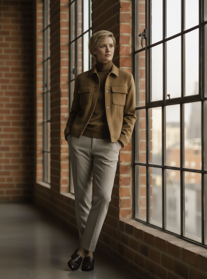Person wearing a brown jacket and beige pants standing in front of large windows with a brick wall background.