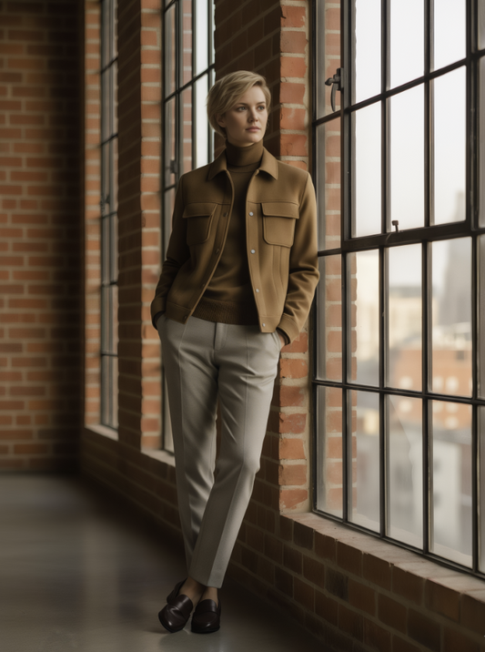 Person wearing a brown jacket and beige pants standing in front of large windows with a brick wall background.