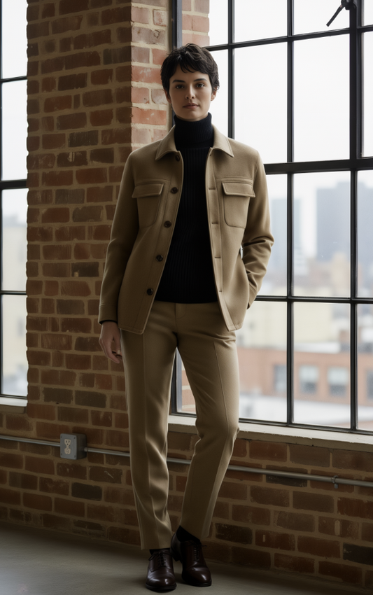Person wearing a beige jacket and pants standing in front of a brick wall with large windows.
