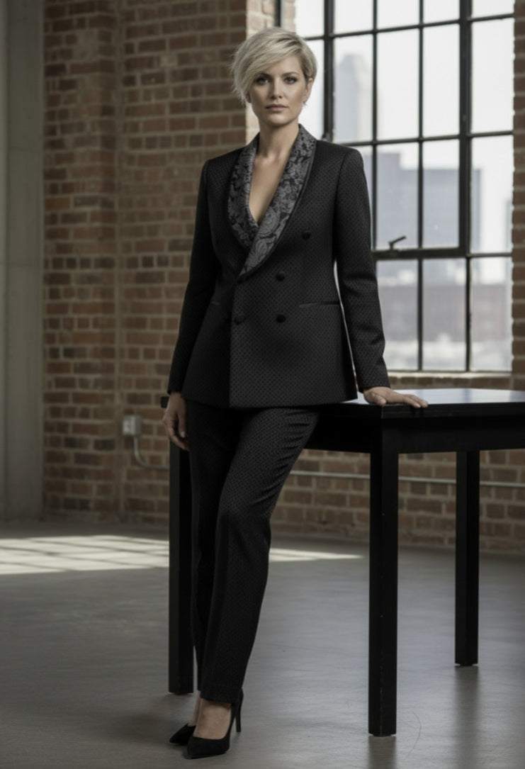 Woman in a black suit standing in an industrial-style room with brick walls and large windows.