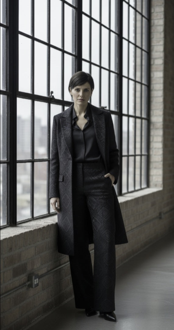 Person in a dark suit standing in front of large windows with a brick wall background