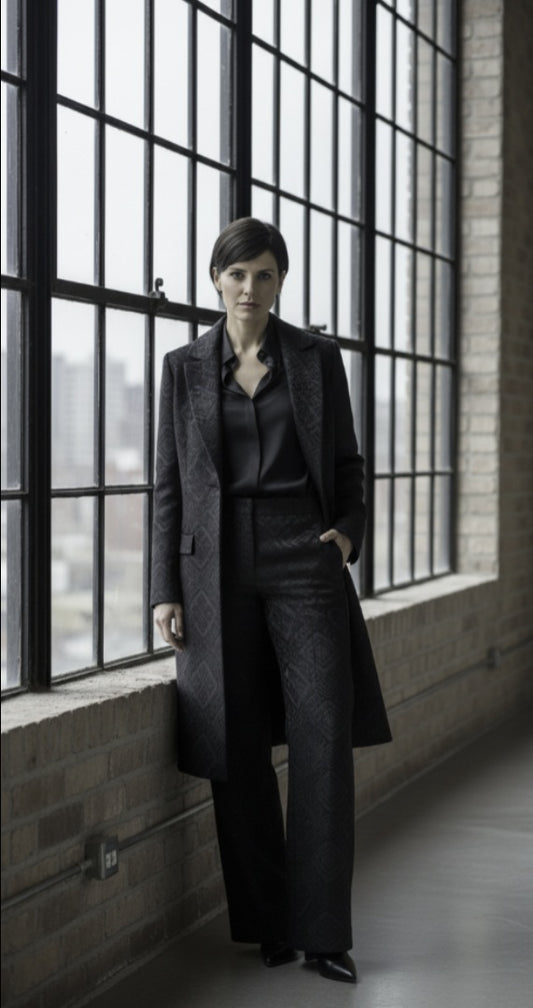 Person in a dark suit standing in front of large windows with a brick wall background
