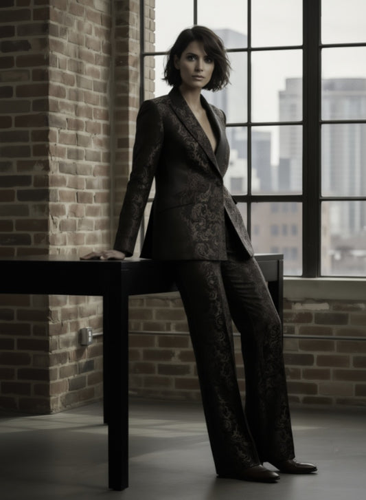 Women's Tuxedo Black and Gold Patterned Jacquard Jacket  / Style Number J39173/200