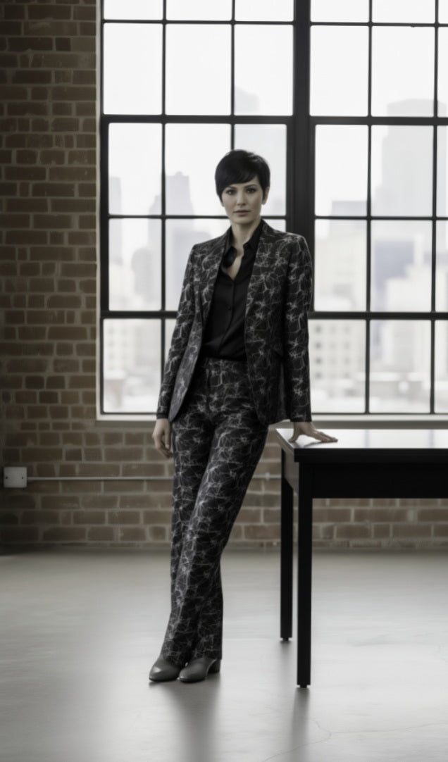 Person wearing a patterned suit standing in a room with large windows and brick walls.
