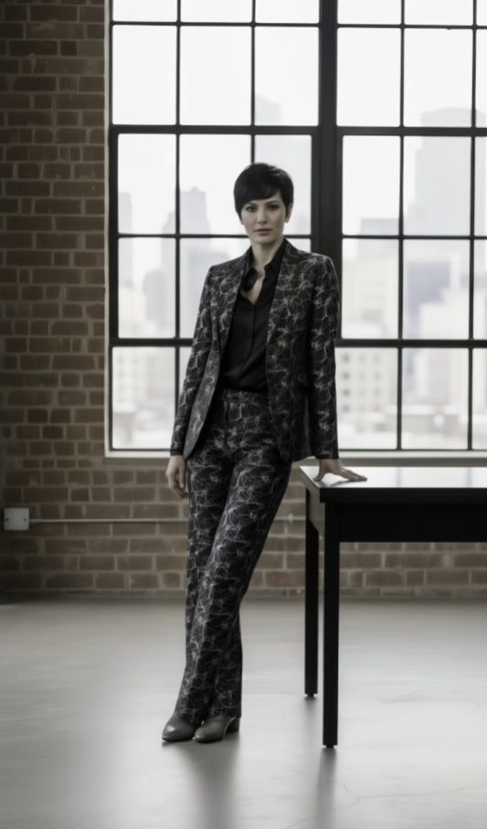 Person wearing a patterned suit standing in a room with large windows and brick walls.