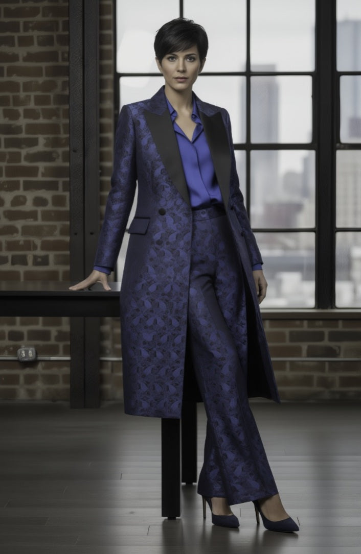 Woman in a blue patterned suit standing in a room with large windows and brick walls.