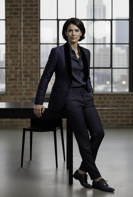 Woman in a dark suit sitting on a chair in a room with large windows and brick walls.