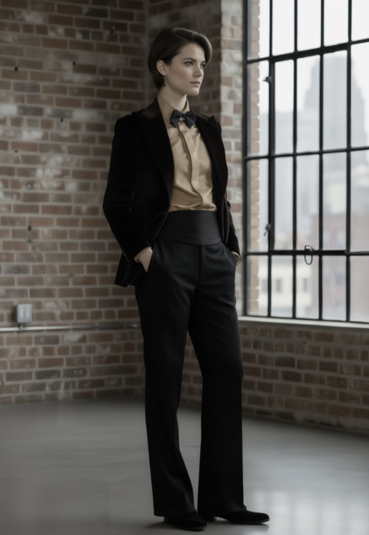 Person wearing a black suit and bow tie standing in a room with brick walls and large windows.