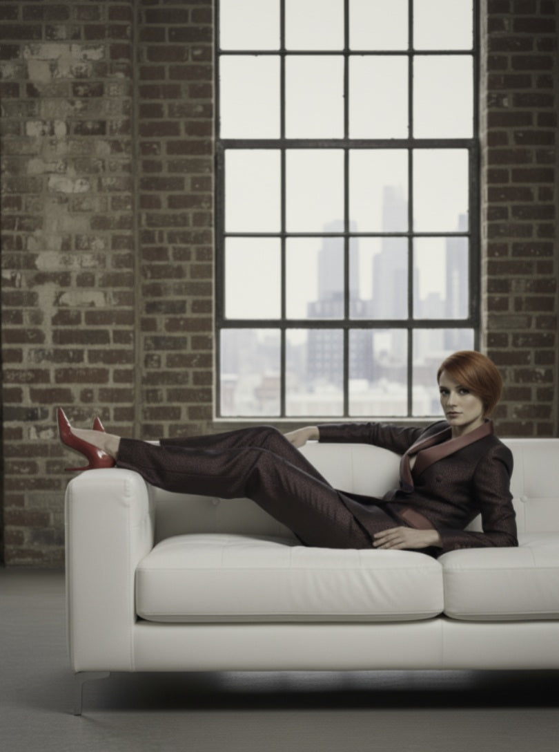 Woman sitting on a white couch in a room with brick walls and large windows.