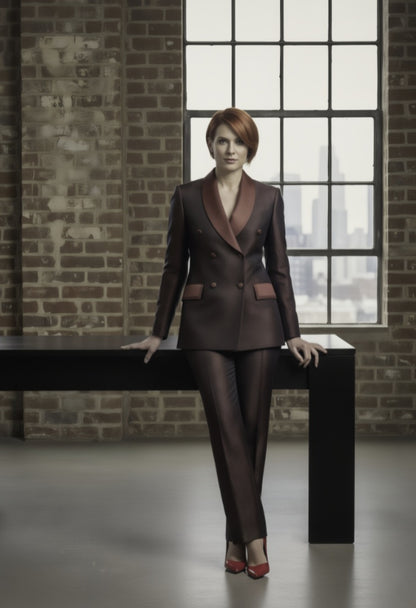Woman in a brown suit standing on a black platform with a brick wall and window in the background