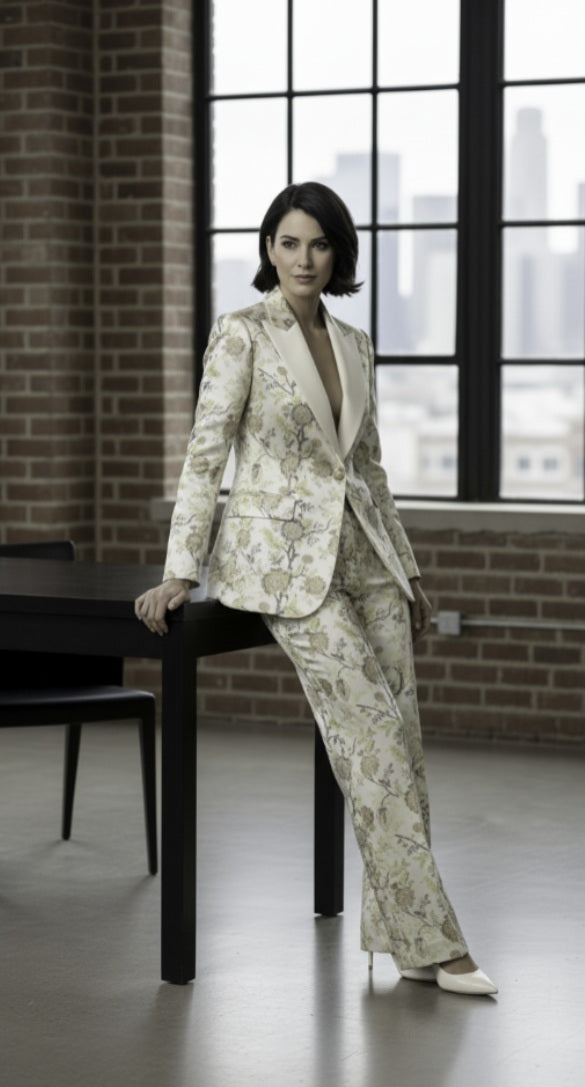 Women's Tuxedo Cream and Green Floral Patterned Brocade Jacket / Style Number J39196/220