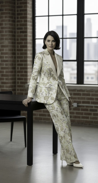 Women's Tuxedo Cream and Green Floral Patterned Brocade Jacket / Style Number J39196/220
