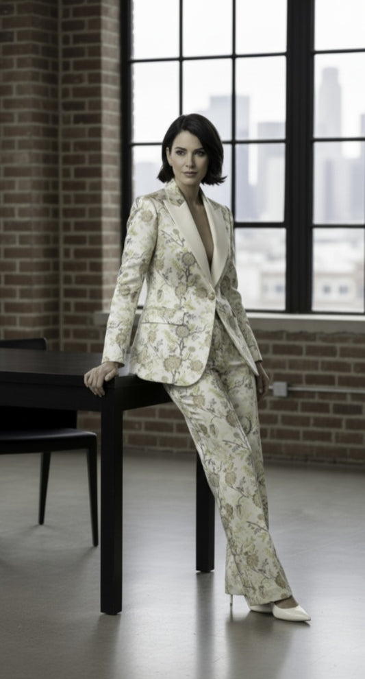 Women's Tuxedo Cream and Green Floral Patterned Brocade Jacket / Style Number J39196/220