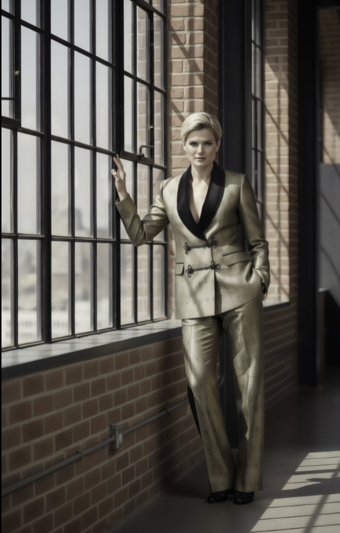 Person in a gold suit standing by large windows with brick walls.