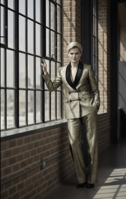 Person in a gold suit standing by large windows with brick walls.