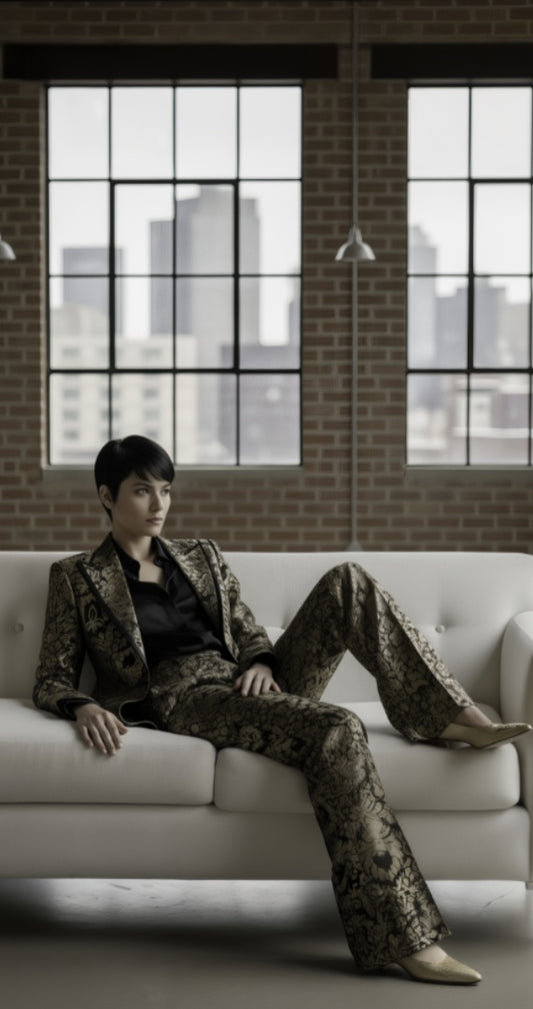 Women's Tuxedo Gold and Black Patterned Brocade Jacket / Style Number J39215/220