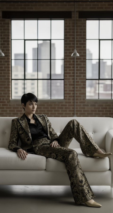 Person in a patterned suit sitting on a white couch with large windows and cityscape in the background