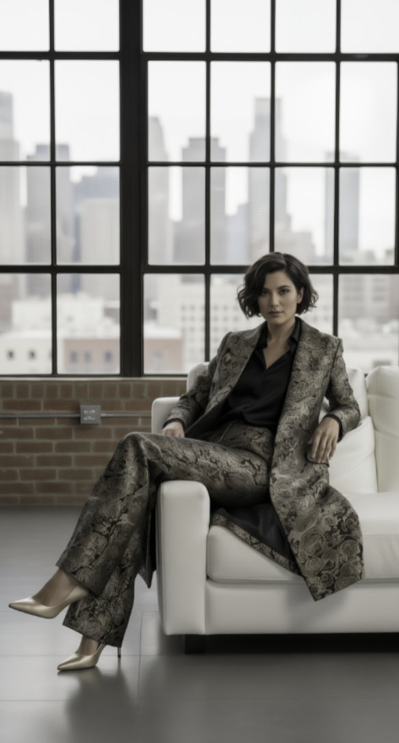 Woman in a patterned suit sitting on a white couch with a cityscape view through large windows.