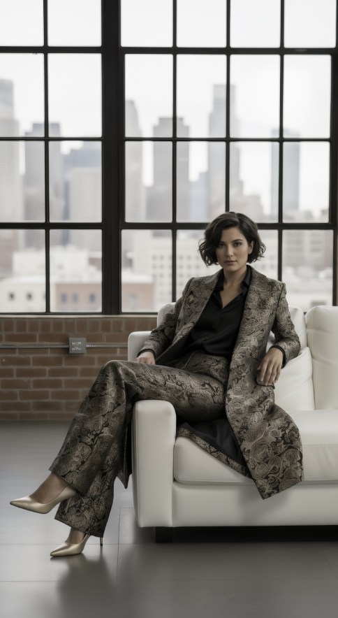 Woman in a patterned suit sitting on a white couch with a cityscape view through large windows.