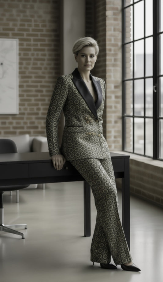 Woman in a patterned suit sitting on a desk in an office with brick walls and large windows.